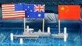 US USA American Australian and Chinese navy warships vessels meet on a battleship game board Royalty Free Stock Photo