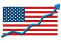 American USA flag with blue arrow graph going up showing strong economy in recovery and shares rise. Profit and success. Royalty Free Stock Photo