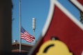 american usa flag half mast blowing waving in wind on flagpole with firefighter 8 p Royalty Free Stock Photo