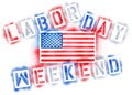 American USA flag and Labor Day Weekend text in red, white, and blue spray paint stencils on white