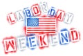 American USA flag and Labor Day Weekend text in red, white, and blue spray paint stencils isolated