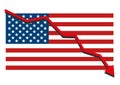 American USA flag with red arrow graph going down showing economy recession and shares fall.