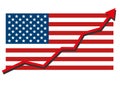 American USA flag with red arrow graph going up showing strong economy and shares rise. Profit and success.