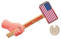 American usa sanctions against russian ruble. Hand hammer usa flag beat coin