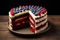 American vanilla sweet cupcake in color USA flag on dark background. Food for Patriotic Independence Day 4th of july.