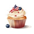 American vanilla sweet cupcake in color USA flag on white background. Food for Patriotic Independence Day 4th of july.