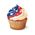 American vanilla sweet cupcake in color USA flag on white background. Food for Patriotic Independence Day 4th of july.