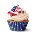 American vanilla sweet cupcake in color USA flag on white background. Food for Patriotic Independence Day 4th of july.