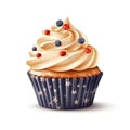 American vanilla sweet cupcake in color USA flag on white background. Food for Patriotic Independence Day 4th of july.