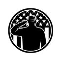 American Veteran Soldier or Military Serviceman Personnel Saluting the USA Stars and Stripes Flag Circle Retro Black and White