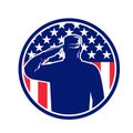 American Veteran Soldier or Military Serviceman Personnel Saluting the USA Stars and Stripes Flag Circle Retro Color