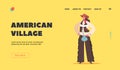 American Village Landing Page Template. Girl Cowboy Wear Traditional Wild West Costume and Hat. Western Personage, Game