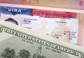 American visa on page of the international passport and US dollars Royalty Free Stock Photo