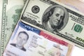 American visa on page of the Russian international passport and US dollars Royalty Free Stock Photo