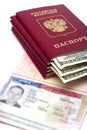 American visa on page of the Russian international passport and US dollars Royalty Free Stock Photo