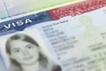 The American Visa in a passport page (USA) background