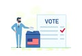 American voting. Man voting for a president vector isolated. Male character standing at the vote box and holding voting ballot