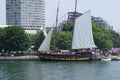 American War of 1812 replica sailing ship at pier in urban city of in Toronto by Peter J. Restivo