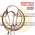 American West cowboy hat and lasso on wood fence.Rodeo illustration Royalty Free Stock Photo