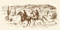 American wild west desert with cowboys. Royalty Free Stock Photo
