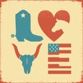 American Wild West traditional symbols. Love Cowboy vector graphic printable symbol text with cowboy boot and Wild West objects.