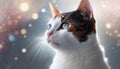 American Wirehair Cat Medium Shot White Pink Blue Magical Fantasy Bokeh. Generative AI