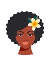 Beautiful stylish african american woman with plumeria flower. Head to shoulder length black woman with beautiful face