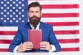 American writer bearded man presenting book, modern literature concept