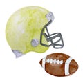 Watercolor yellow american football helmet and ball illustration isolated on white background Royalty Free Stock Photo