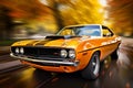 American yellow muscle car with colorful blurs on street