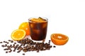 Americano ice coffee serve with orange juice slice and put on the sack. Royalty Free Stock Photo