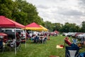 Ames, Iowa, USA - 9.2022 - Selective focus on lawn chair with I-State Logo at a football tailgate. Royalty Free Stock Photo