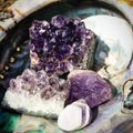 Amethist Amethyst Cluster Crystal Raw Polished Gems Gemstones in Abalone Shell Royalty Free Stock Photo