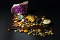 Amethyst crystal and colorful stones painted with Om symbol