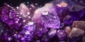 Amethyst crystals background. Purple shiny natural gemstone, close-up illlustration