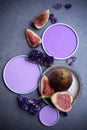 Amethyst crystals and figs with a round frame with a place for designer`s Royalty Free Stock Photo