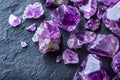 Amethyst crystals geode close up on black background, esoteric mineral texture on dark surface Royalty Free Stock Photo