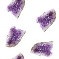 Amethyst druze crystal stone mineral seamless pattern. Purple rough quartz crystals geode on white background. Cozy boho template Royalty Free Stock Photo