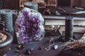 Amethyst Druze on a witch`s altar for a magical ritual