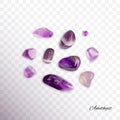 Amethyst crystals isolated. Purple quartz pebbles and crystal