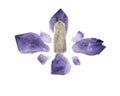 Amethyst natural points and citrine polished point arranged in crystal grid
