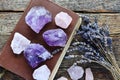 Amethyst and Rose Quartz Crystals with Dried Lavender Flowers