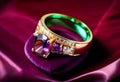Amethyst, ruby and white zircon Jewel or gems ring on purple velvet bag