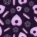 Amethyst, stars and moon pagan symbol and spell book seamless pattern. Repetitive background with precious stones