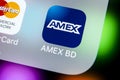 Amex application icon on Apple iPhone X smartphone screen close-up. American express app icon. Amex is an online electronic financ Royalty Free Stock Photo