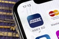 Amex application icon on Apple iPhone X smartphone screen close-up. Amex app icon. American express is an online electronic financ Royalty Free Stock Photo