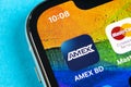 Amex application icon on Apple iPhone X smartphone screen close-up. Amex app icon. American express is an online electronic financ Royalty Free Stock Photo