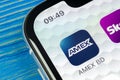 Amex application icon on Apple iPhone X smartphone screen close-up. Amex app icon. American express is an online electronic financ Royalty Free Stock Photo