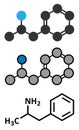 Amfetamine amphetamine, speed stimulant drug molecule. Stylized 2D rendering and conventional skeletal formula.