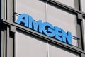 Amgen company logo sign hanging at european headquarters in Switzerland